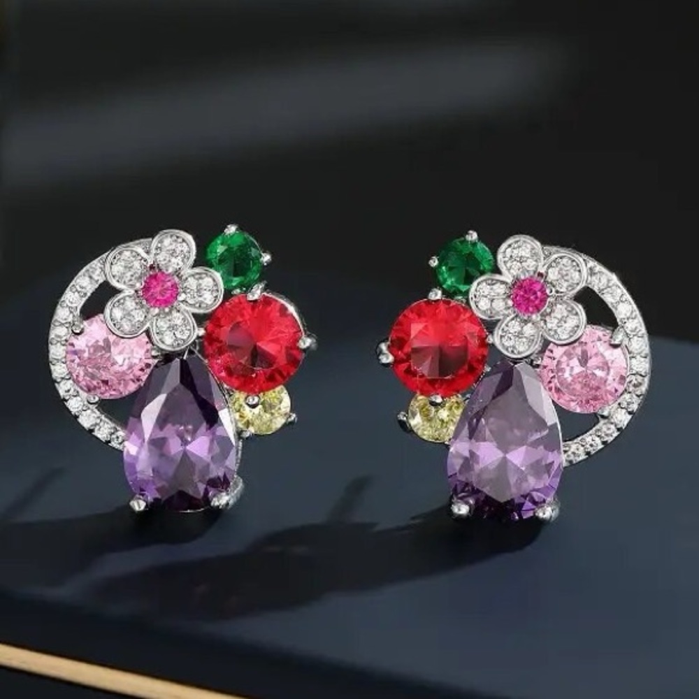 Colorful CZ Floral Silver Earrings
